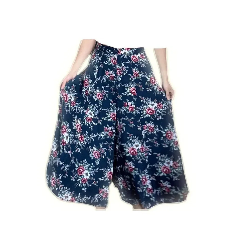 Vintage blue button up maxi skirt floral romantic summer dress womens Honors plu